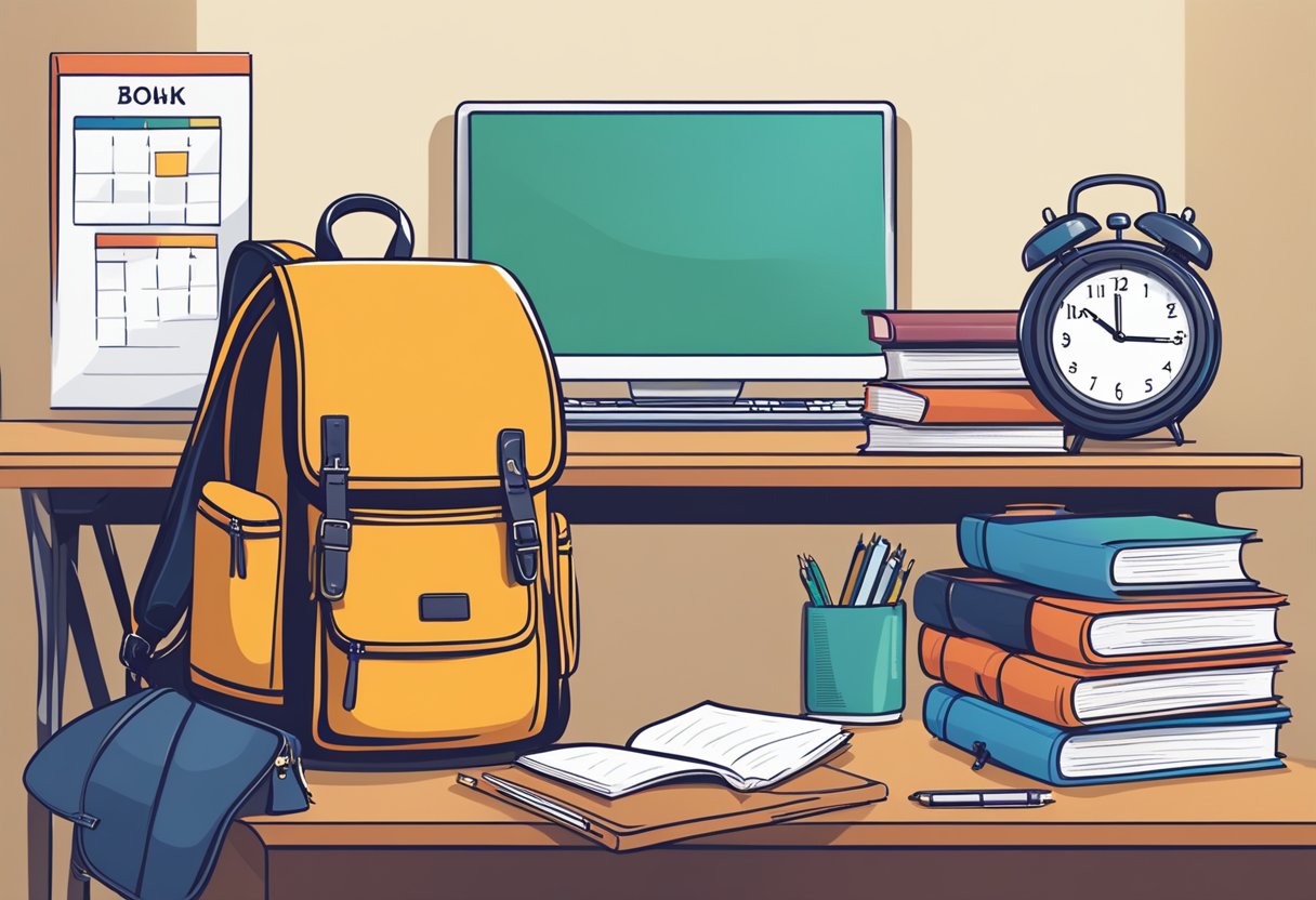 Time Management for Kidpreneurs: Top Tips for Juggling Studies and Start-Ups Time Management for Kidpreneurs, business LearningMole A busy desk with books, a laptop, and a calendar. On one side, a school backpack, on the other, a briefcase with a business logo. The clock on the wall shows a split between study time and work time