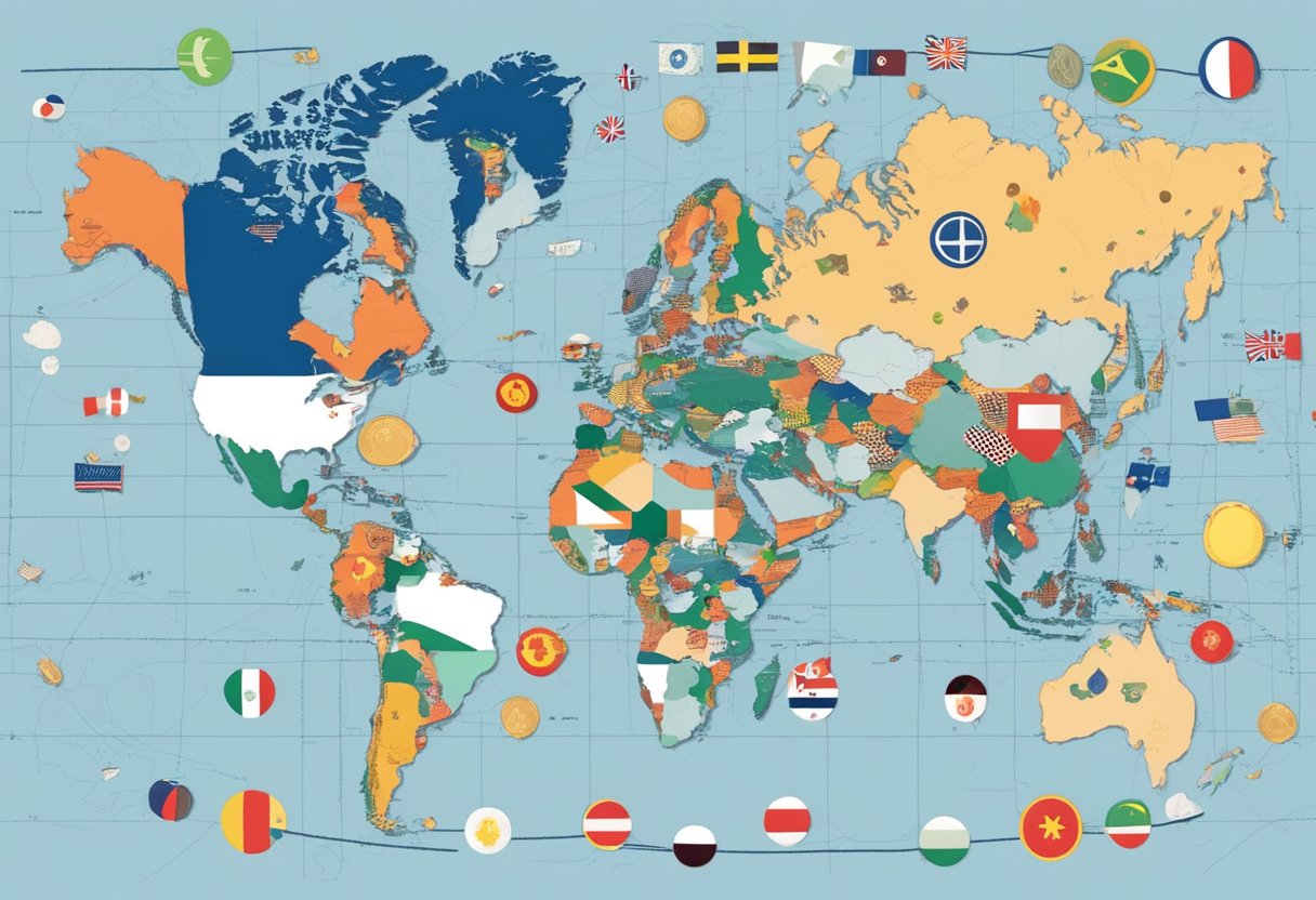 A world map with dotted lines connecting different countries, surrounded by various currency symbols and Entrepreneurship flags