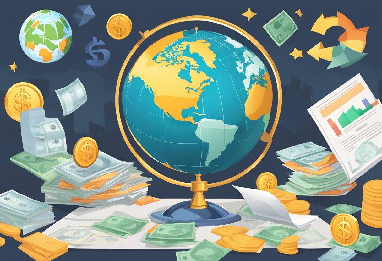 A globe surrounded by currency symbols, legal documents, and market charts symbolizing global entrepreneurship