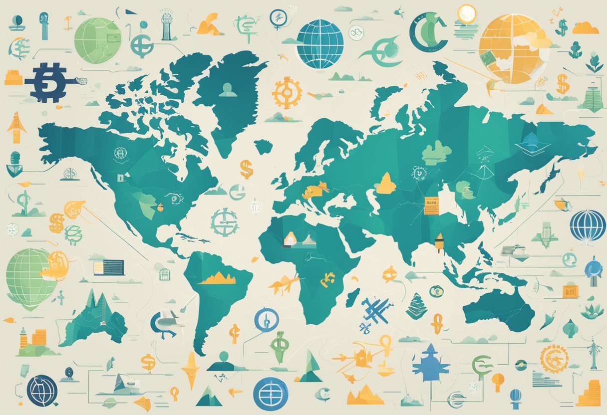 A world map surrounded by diverse business symbols and currency signs, with arrows pointing in different directions, representing global entrepreneurship