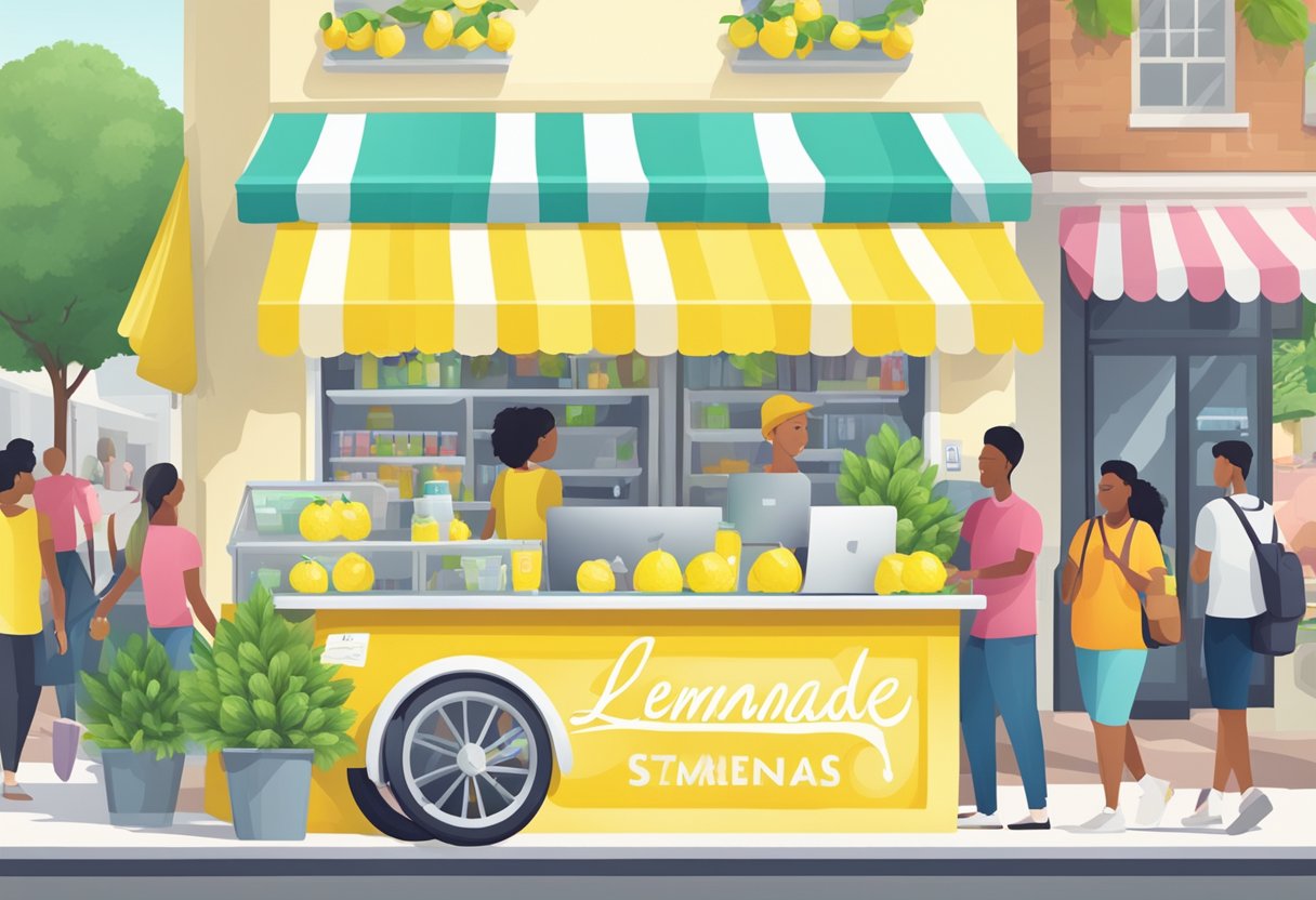 A lemonade stand surrounded by bustling activity, with a seamless transition to an e-commerce platform on a computer screen