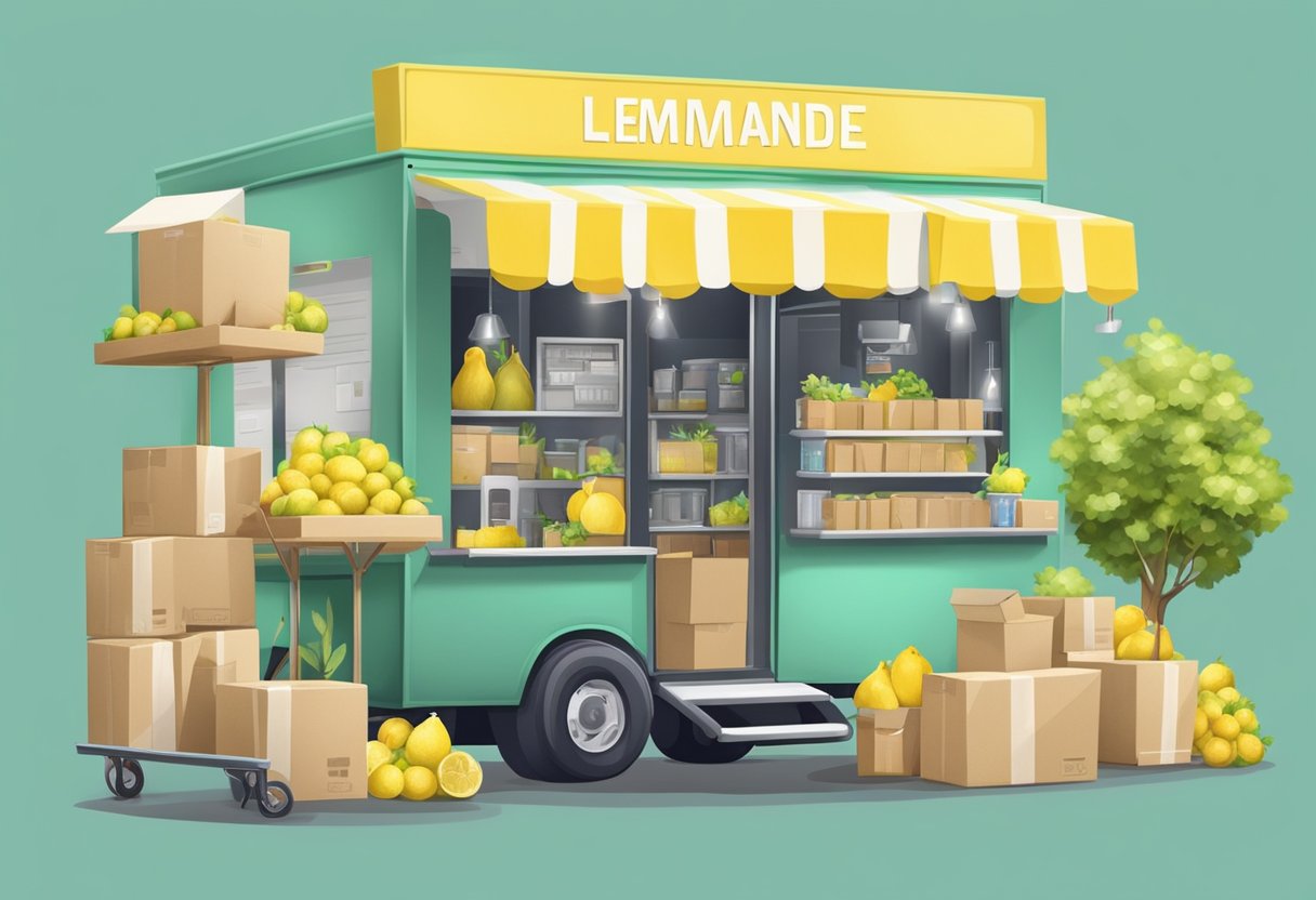 A lemonade stand transforms into an online store, with a laptop, shipping boxes, and a delivery truck symbolizing the growth of a small business