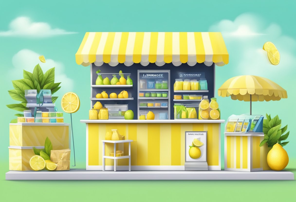 A lemonade stand transforms into an e-commerce store. A small business scales up online, with a laptop, product display, and shipping boxes