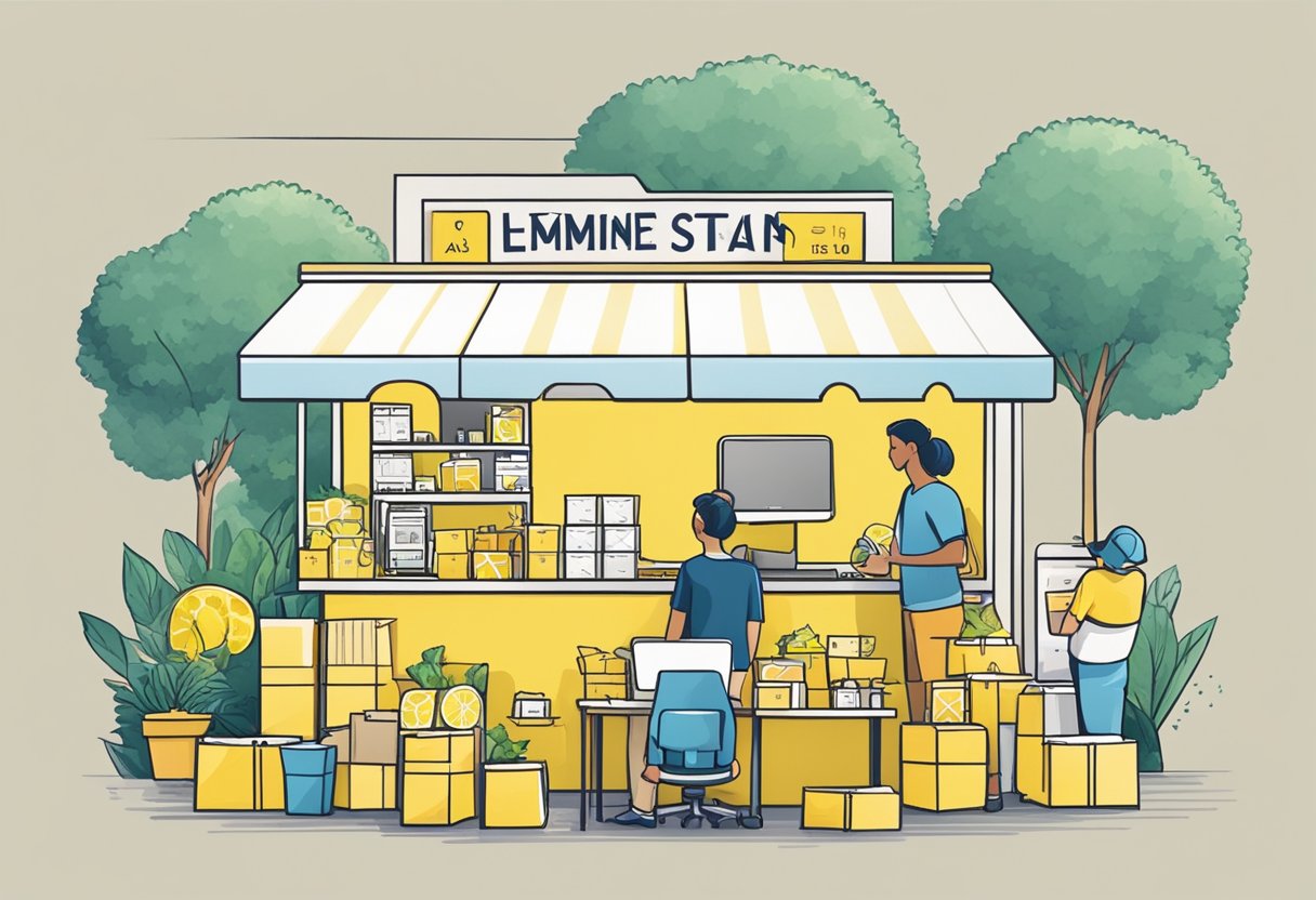 A lemonade stand with a line of customers, surrounded by boxes of inventory, a laptop, and shipping supplies, symbolizing the transition to e-commerce