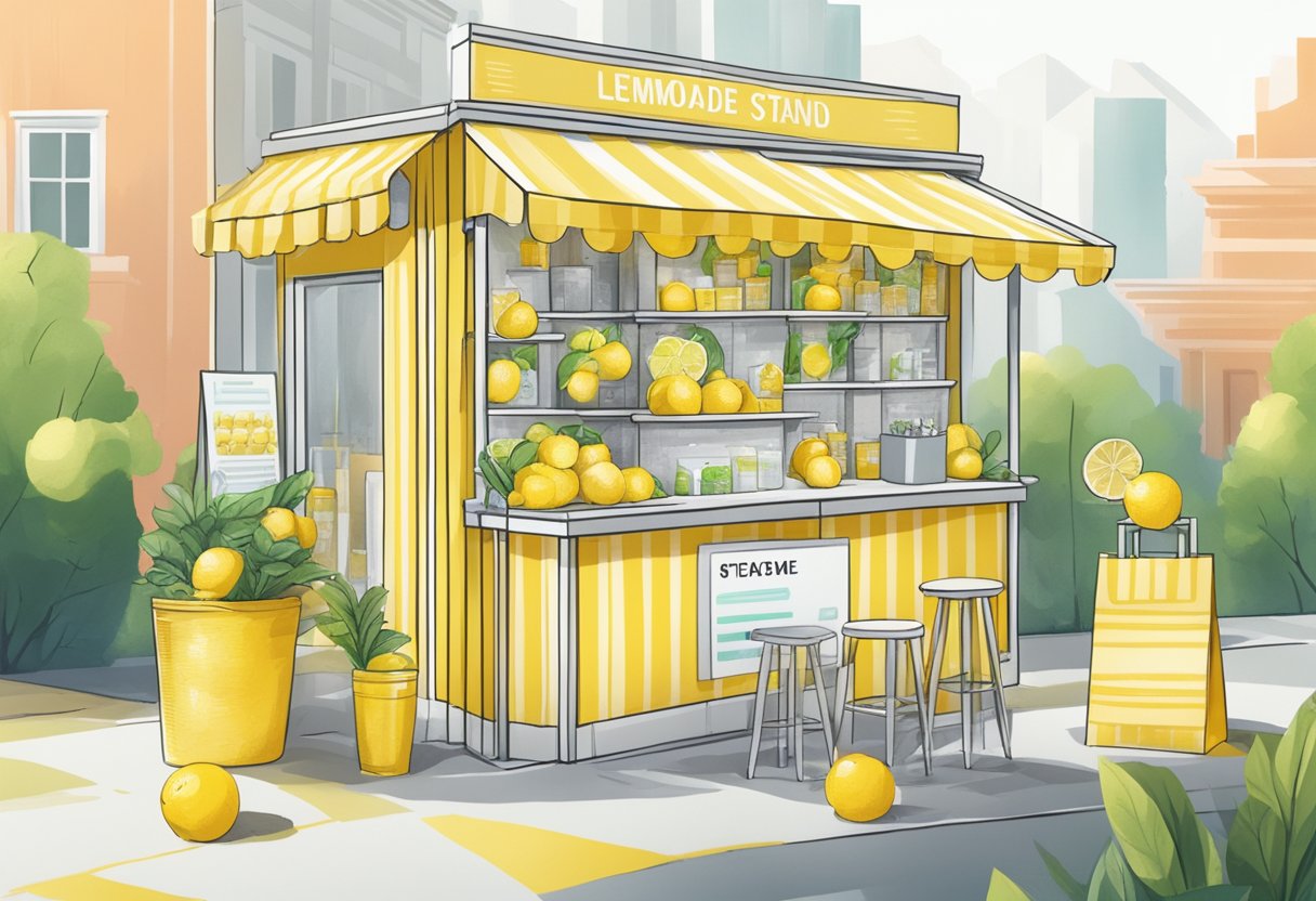 A lemonade stand surrounded by data charts, transitioning to an e-commerce platform with a growing customer base