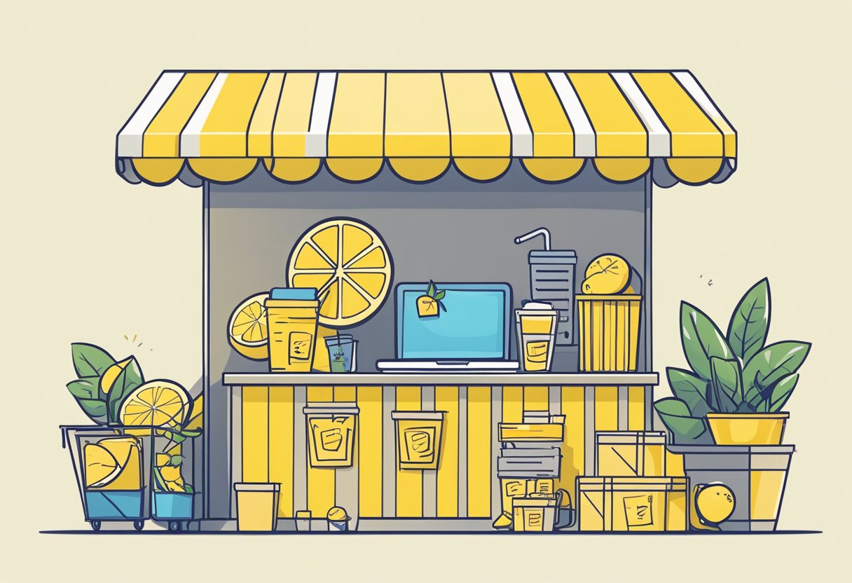 A small lemonade stand transitions to an e-commerce business. A laptop, shipping boxes, and a growth chart symbolize the evolution