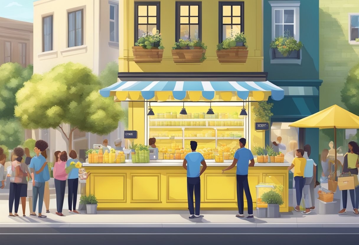 A lemonade stand surrounded by eager customers, with a seamless transition to a bustling e-commerce platform
