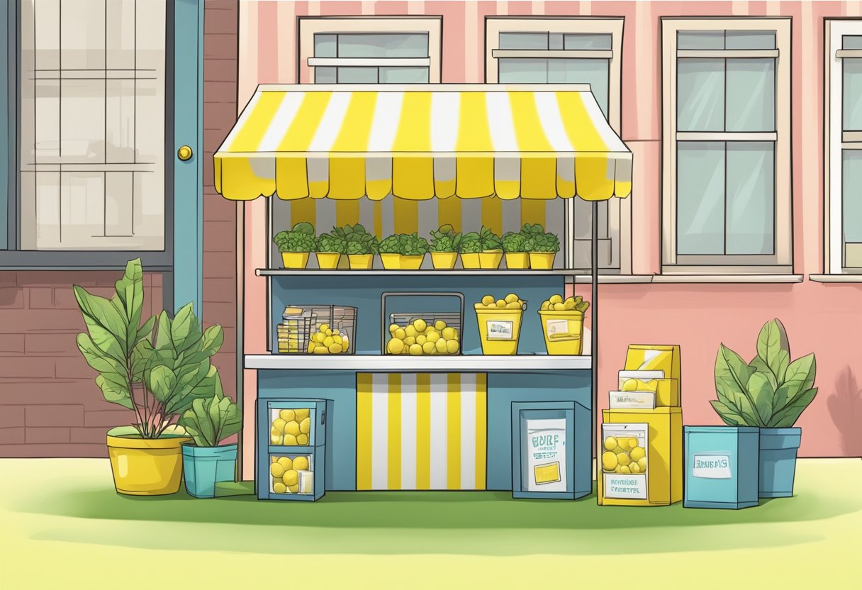 A lemonade stand transforms into an e-commerce business with a laptop, shipping boxes, and a growth chart showing increasing sales