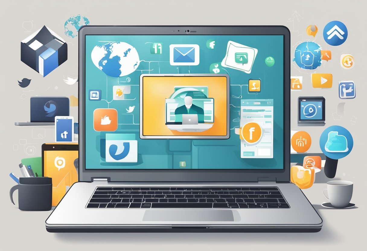 A laptop on a desk with social media icons and a business logo, surrounded by safety symbols and young business-related images
