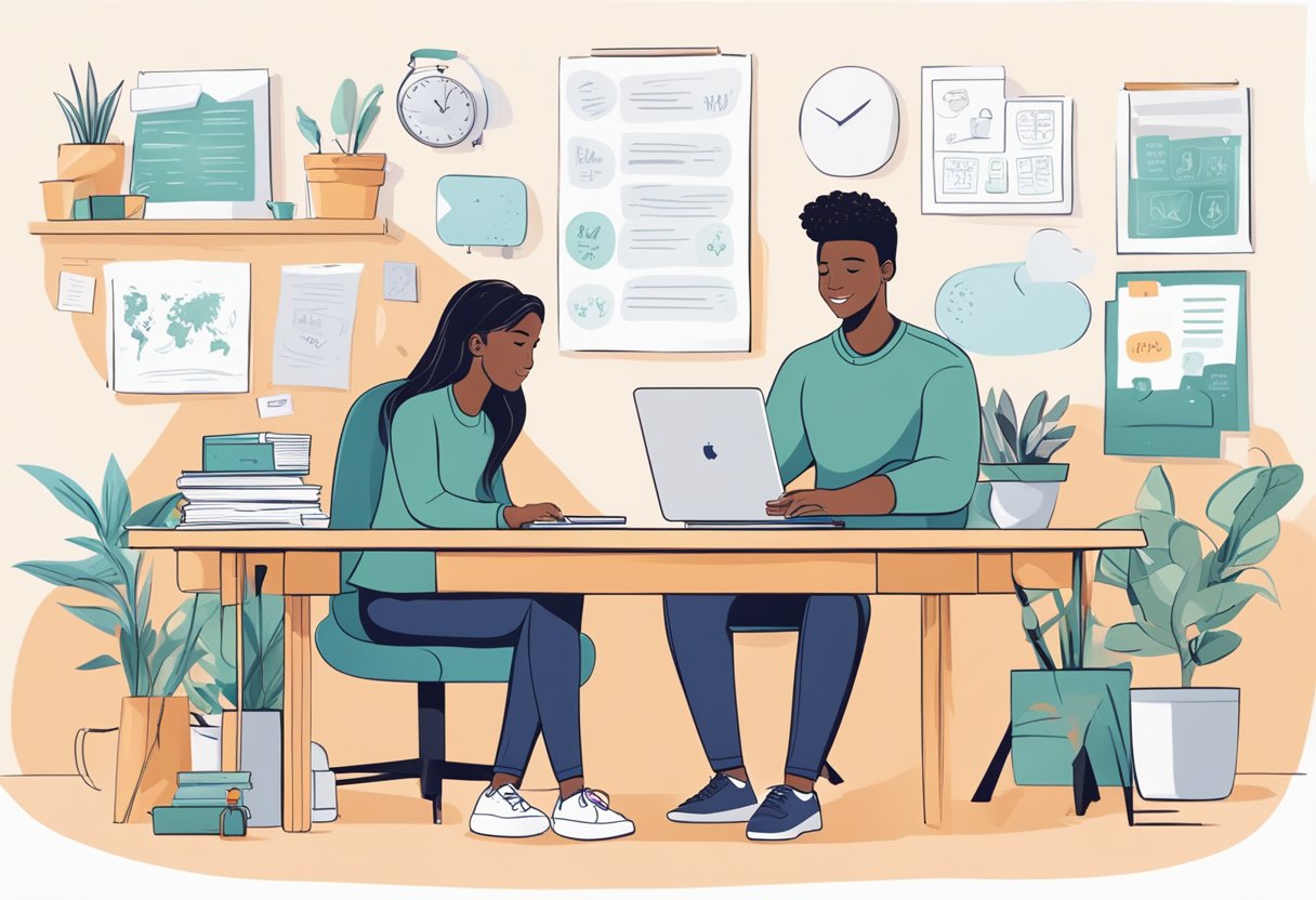 A young person sitting at a desk, surrounded by positive affirmations and inspirational quotes. They are using social media to connect with like-minded individuals and share business ideas in a safe and mindful manner