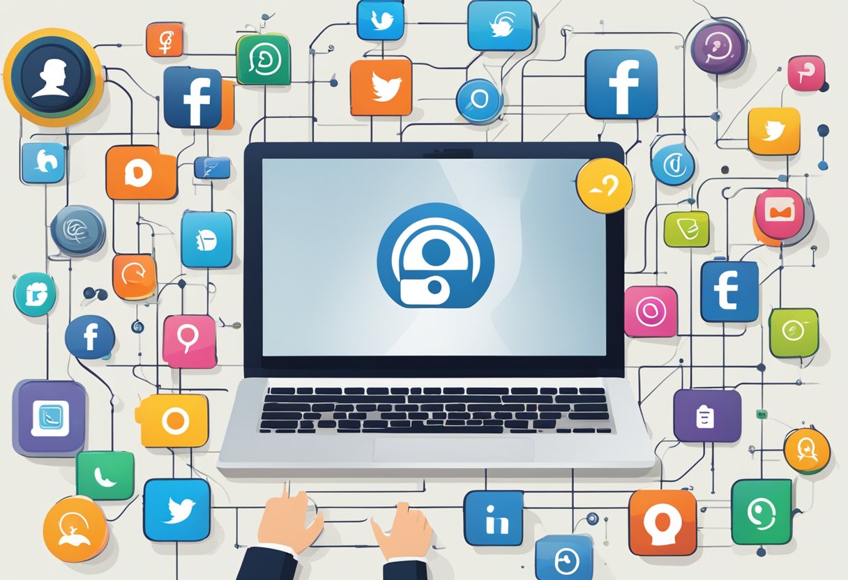 A laptop surrounded by various social media icons, with a lock symbol overlaying them to represent safe usage for young businesses