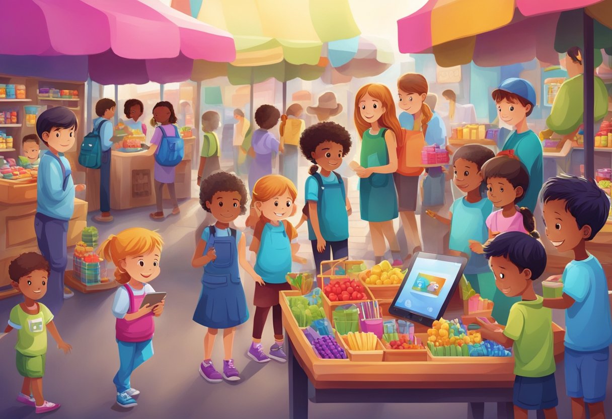 Setting Up a Mini Marketplace: Engaging Kids in Business Basics through Practice Mini Marketplace, business idea LearningMole A group of children are gathered around a colorful mini marketplace, using tablets and technology to set up their own businesses. Trendy products and vibrant displays catch the eye of potential customers