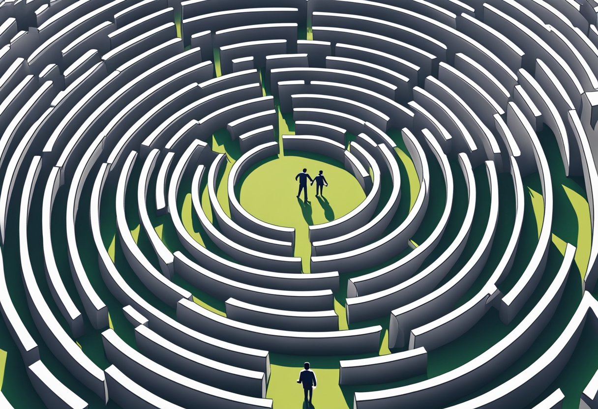 A parent guiding a child through a maze of business obstacles, offering support and encouragement along the way