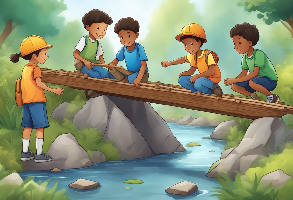 A group of diverse children work together to build a bridge over a small stream, using various materials and problem-solving skills