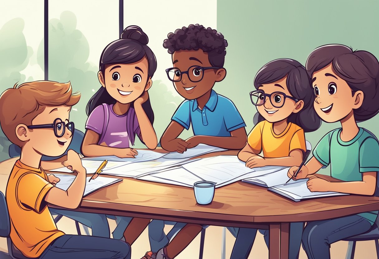 A group of children gather around a table, eagerly brainstorming and creating new business ideas. They are engaged and enthusiastic, working together to develop their entrepreneurial skills
