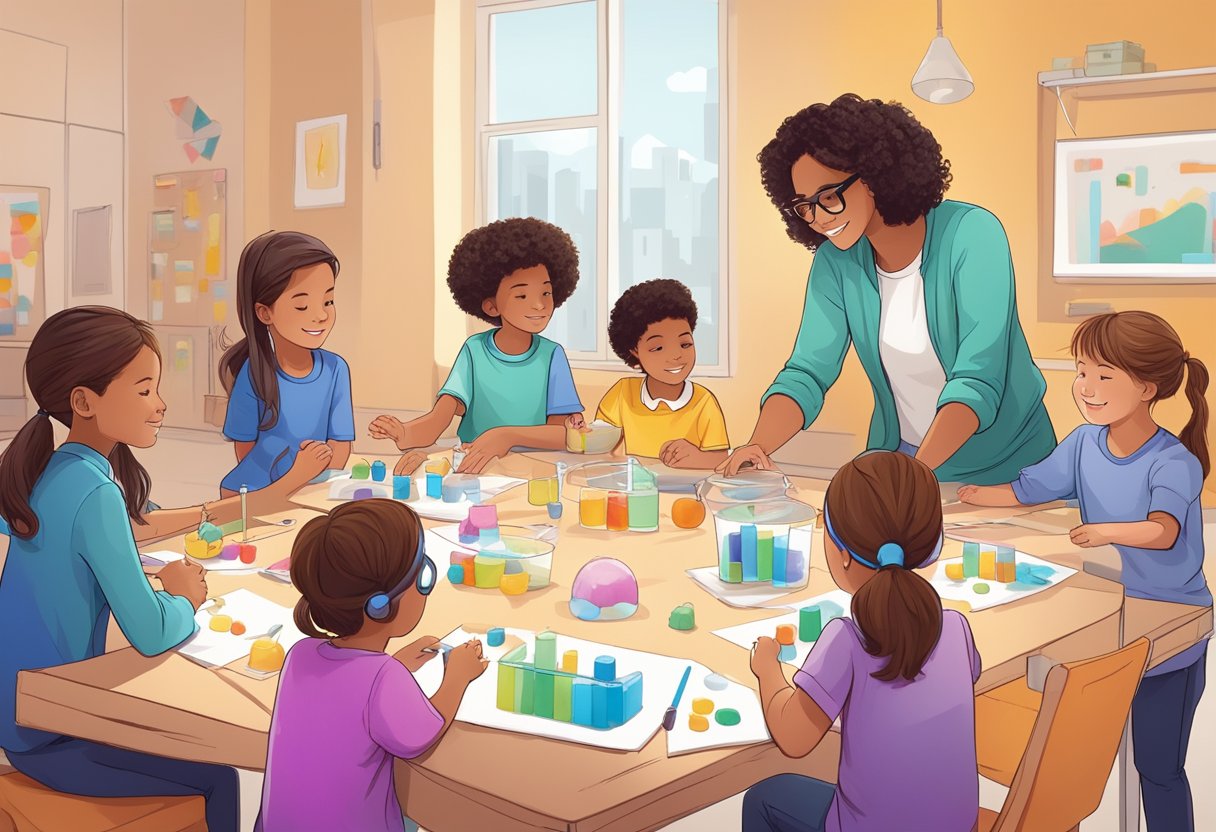A group of young children engage in hands-on activities, exploring and experimenting with various entrepreneurial skills. They are guided by an adult mentor, fostering creativity and innovation