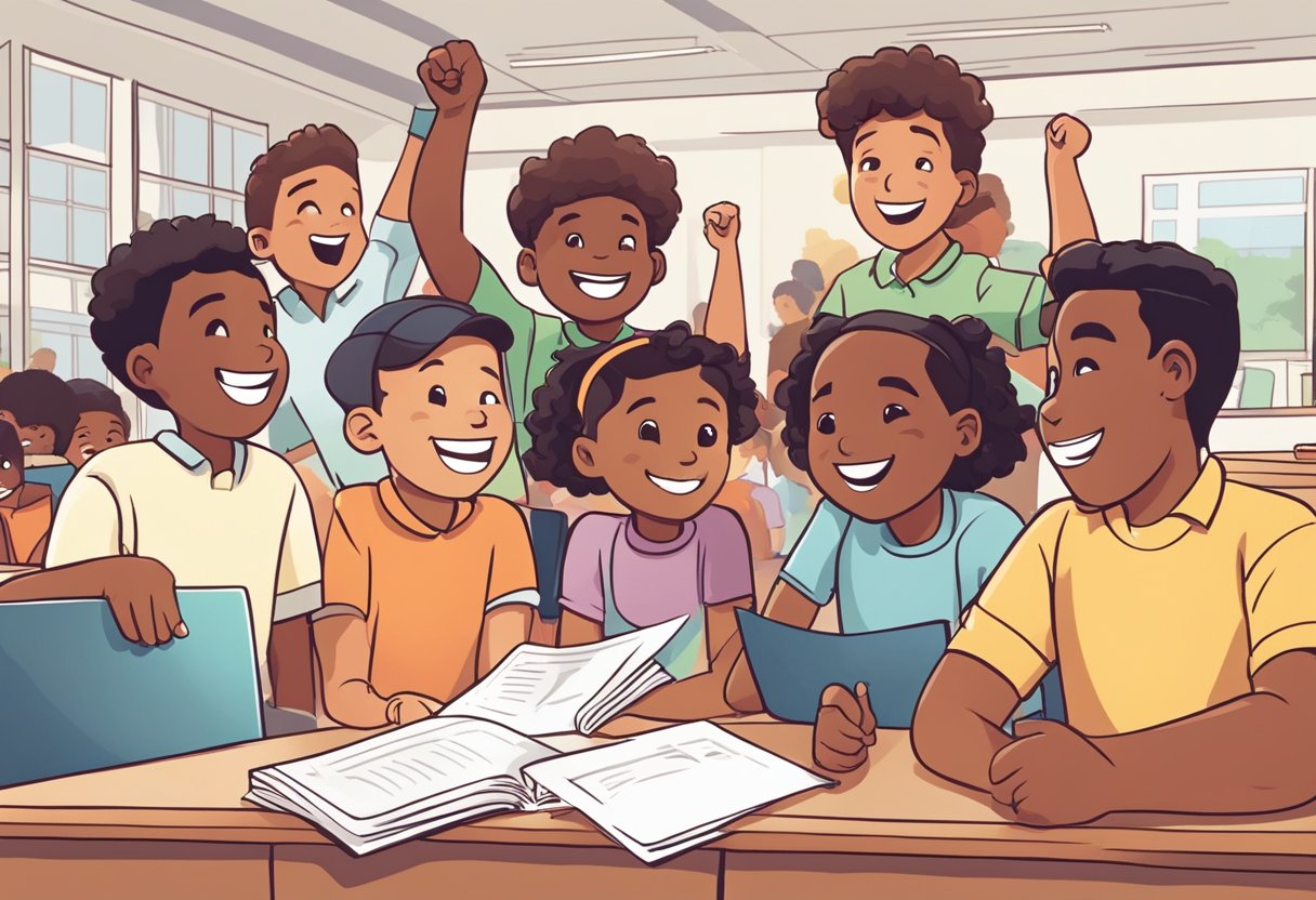 A group of young students are gathered in a classroom, smiling and cheering as they hold up their completed assignments. The teacher is pointing to a chart showing different learning styles, while the students eagerly listen and participate