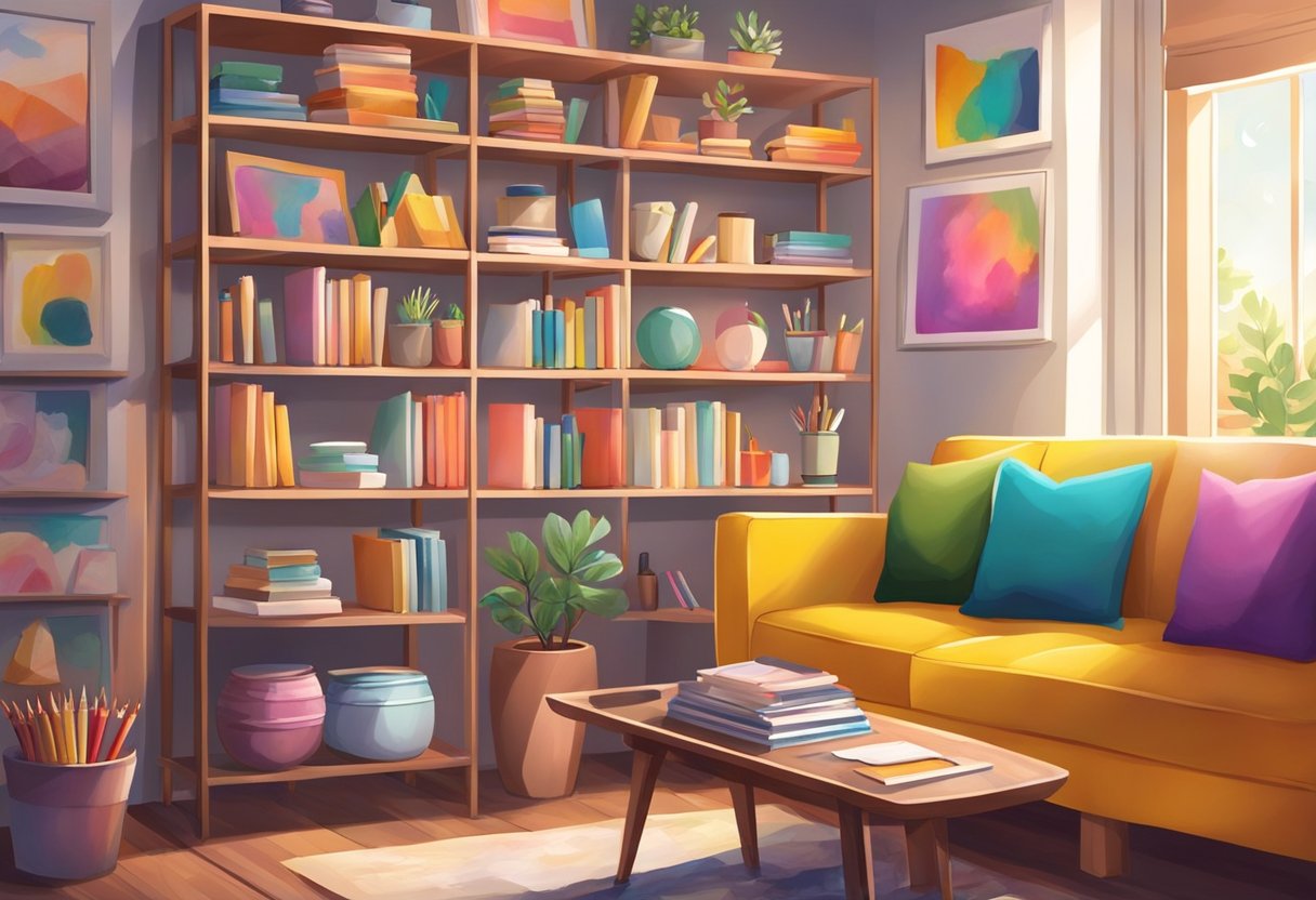 How to Create a Mini Art Gallery at Home with Your Child Art Gallery, art at home, artwork, painting LearningMole Colorful artwork displayed on walls and shelves, with bright lighting and cozy seating area. Art supplies neatly organized nearby