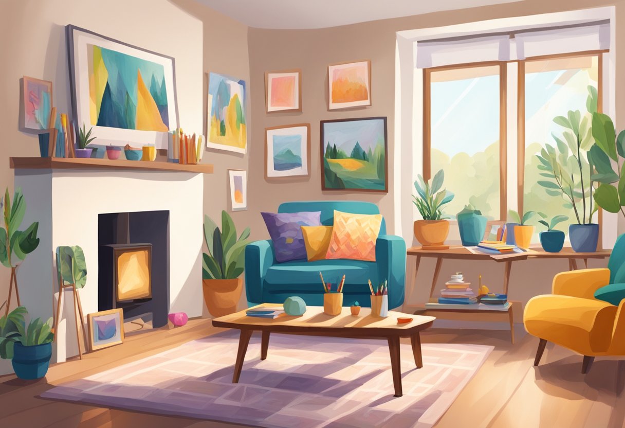 How to Create a Mini Art Gallery at Home with Your Child Art Gallery, art at home, artwork, painting LearningMole A cozy living room with colorful paintings hung on the walls, a small table displaying various art supplies, and a child's artwork proudly showcased on a mini easel