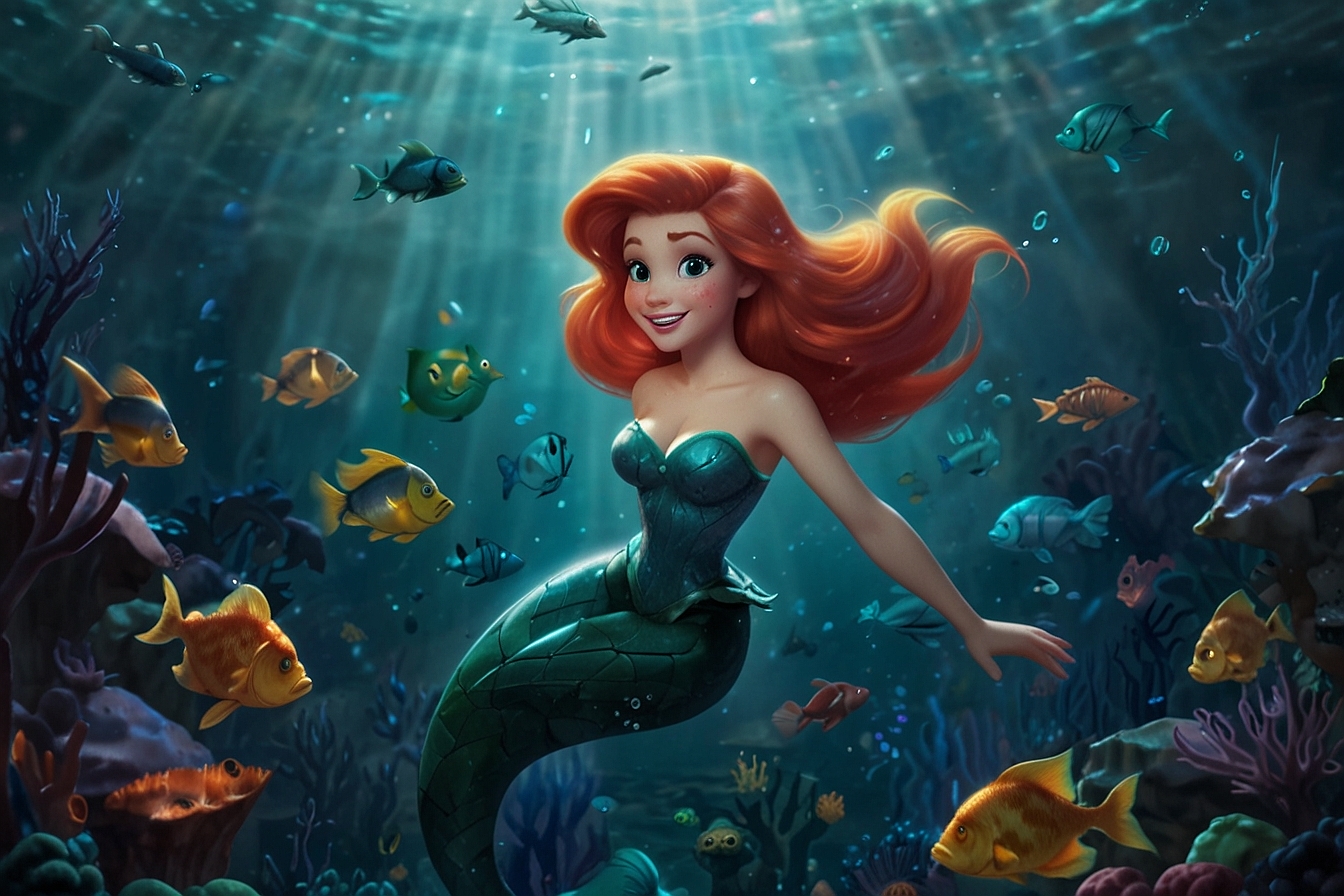 An underwater coral reef with colourful fish and The Little Mermaid statue. ariel LearningMole