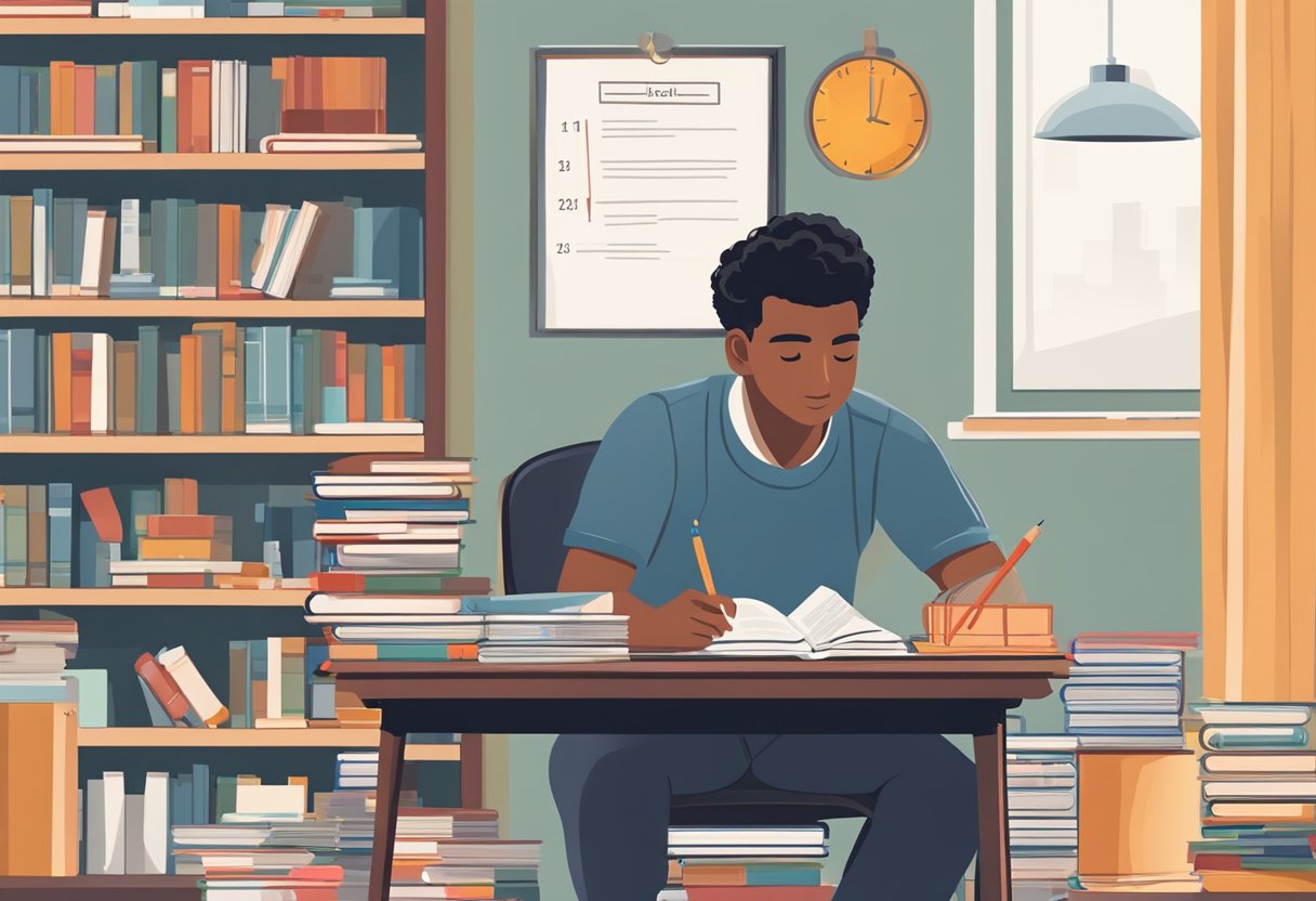 Test Preparation: Maximising Your Potentials Test Preparation,study LearningMole A student sits at a desk, surrounded by books, notebooks, and study materials. A calendar on the wall shows the test date circled in red. The student is focused and determined, ready to begin their test preparation well in advance