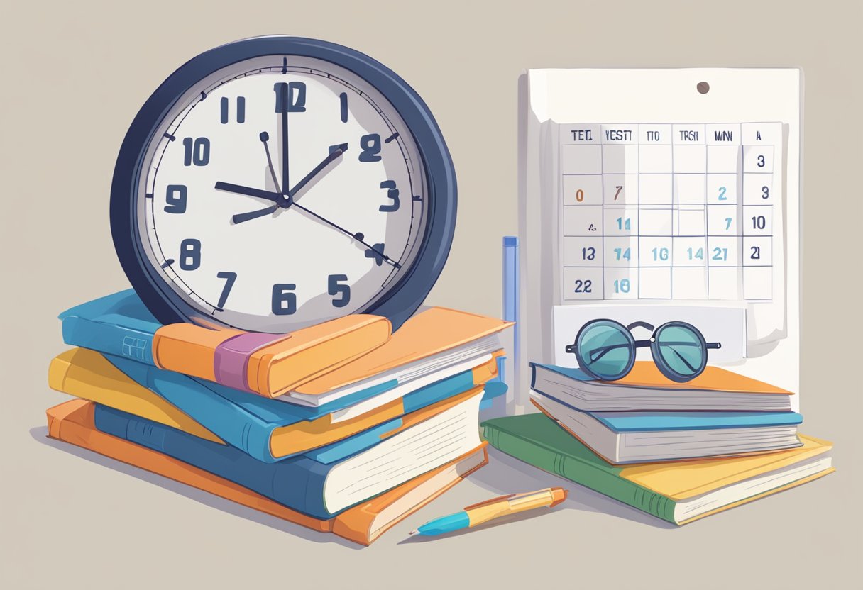 Test Preparation: Maximising Your Potentials Test Preparation,study LearningMole A clock showing 5am, a stack of study books, and a calendar marked with test day