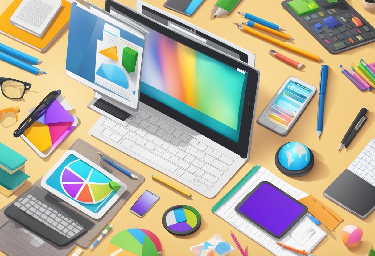 A variety of educational apps and resources are displayed on a digital tablet, with a laptop and smartphone nearby. Books and Educational Technology are scattered around the devices