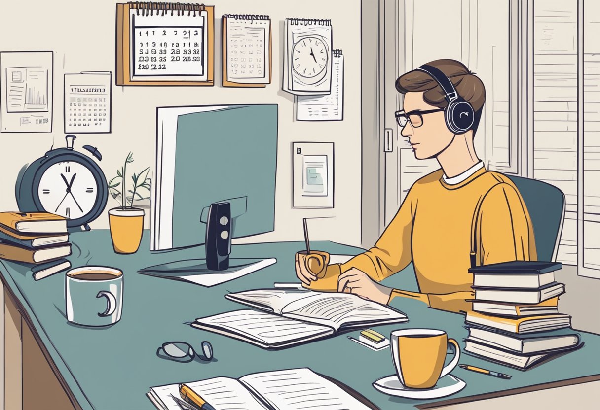 Test Preparation: Maximising Your Potentials Test Preparation,study LearningMole A person sitting at a desk with books and study materials, a calendar showing the test date, a clock indicating early morning, and a cup of coffee for mental alertness