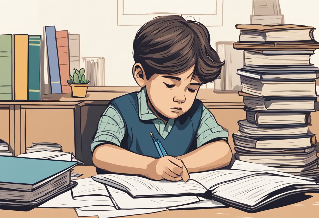 A child sits at a desk, surrounded by books and papers. They look frustrated and disappointed as they stare at a test paper with a low grade. The room is quiet and the child's body language shows defeat