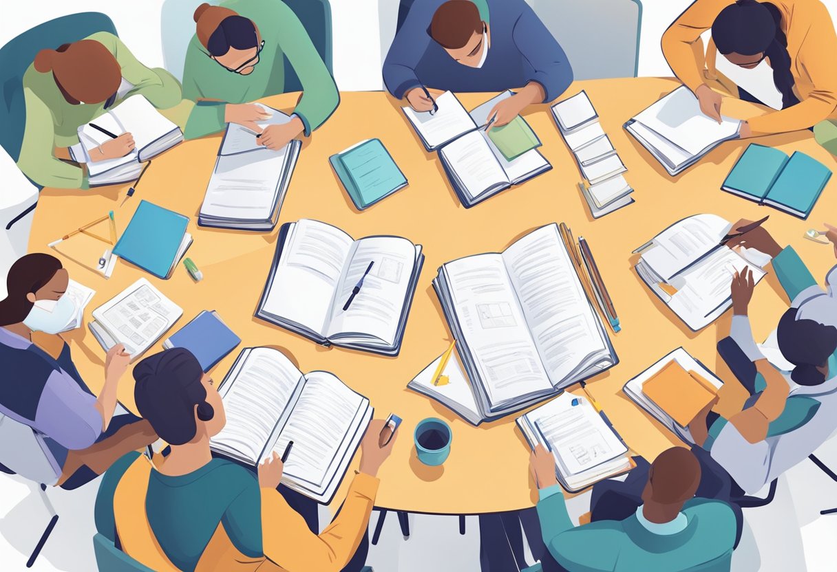 Students gather in study groups, teaching each other various subjects. Books and notes are spread out as they collaborate and prepare for comprehensive tests