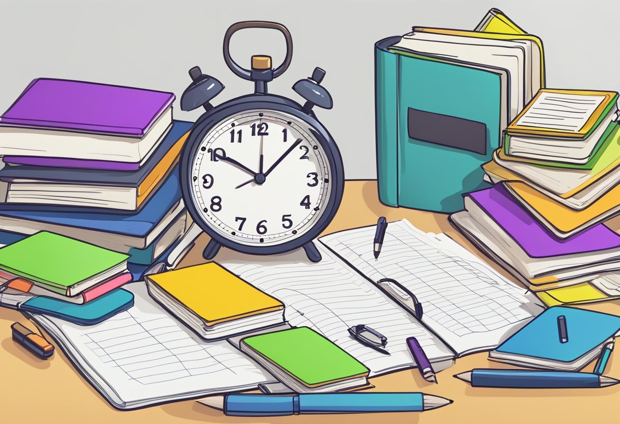 A cluttered desk with open textbooks, notes, and highlighters. A clock ticking in the background. An organized planner with study schedules and deadlines
