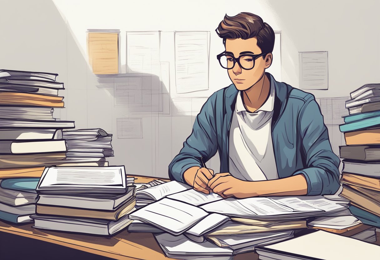 A student sitting at a desk, surrounded by textbooks and notes, with a focused expression while visualising and mentally organizing information for a test