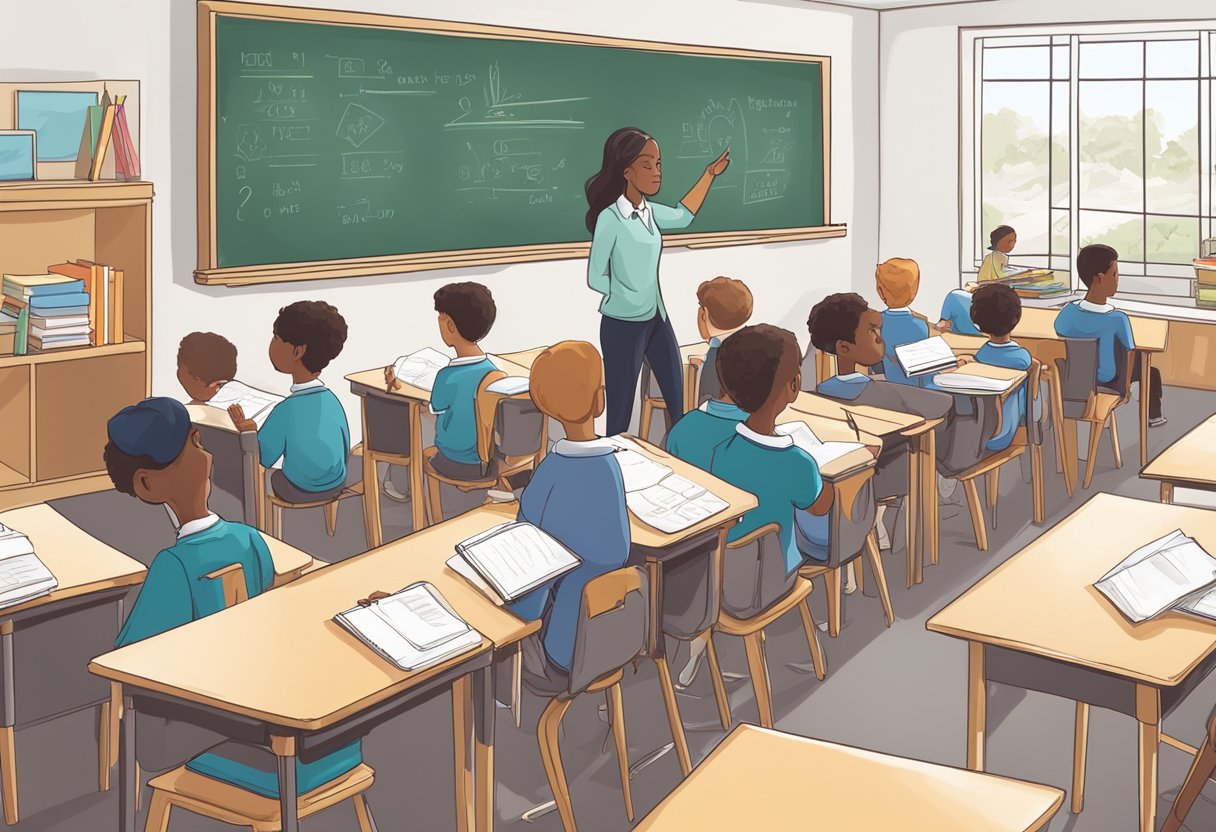 A teacher stands at a chalkboard, writing out Test Preparation Phases. Students sit at desks, engaged in discussion and working on practice problems