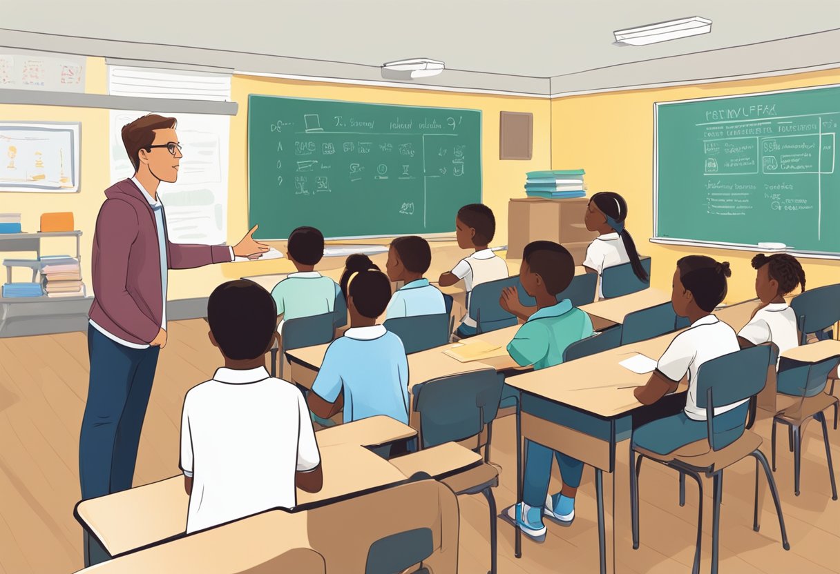 A teacher stands in front of a classroom, pointing to a whiteboard filled with test prep strategies. Students sit at their desks, listening attentively