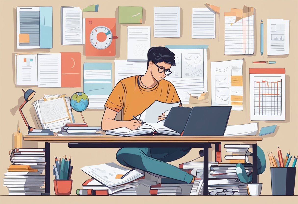 Post-Test Review: Enhancing Exam Performance by Analysing Errors Post-Test Review, exam LearningMole A student sitting at a desk, reviewing a test paper with red marks, while surrounded by open textbooks and study materials