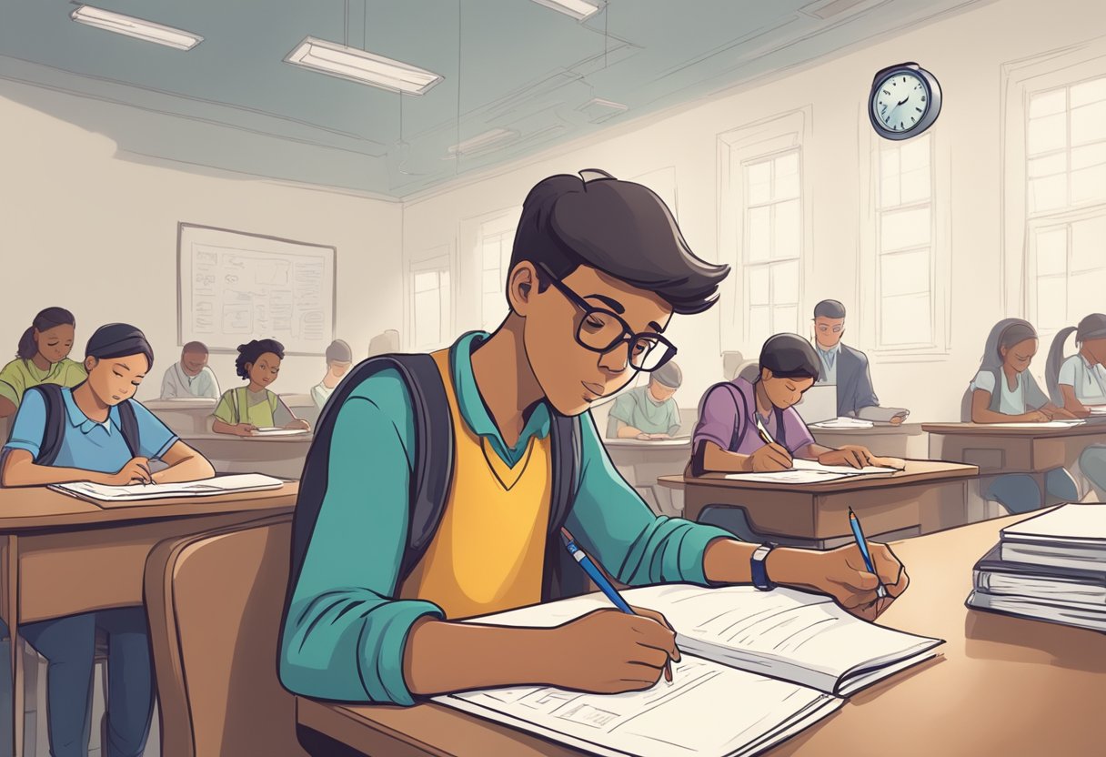 A student sits at a desk, pencil in hand, eyes focused on a test paper. A clock on the wall ticks away as the student follows test-taking strategies, carefully reading and following the instructions
