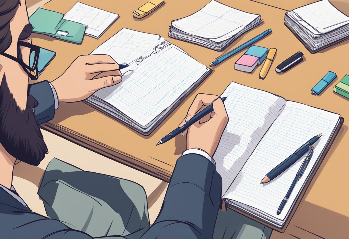 A table with neatly arranged flashcards, a pen, and a notebook. A person is sitting in front, flipping through the flashcards and writing notes