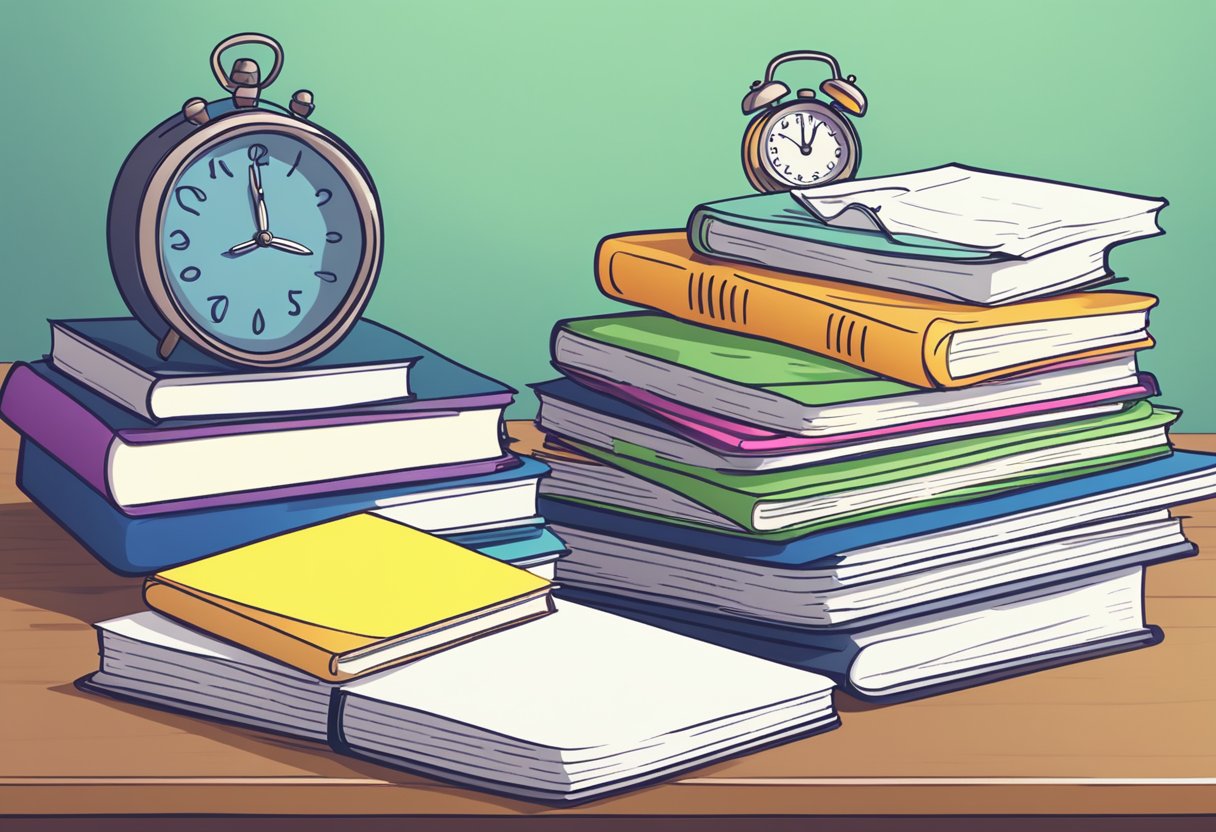 A stack of flashcards arranged on a desk, with a textbook and highlighter nearby. A clock in the background indicates the passage of time