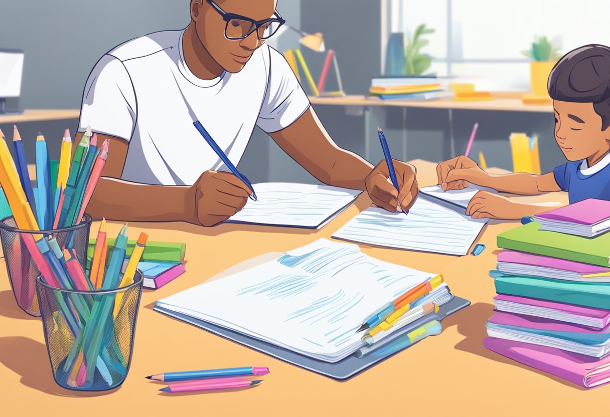 Teaching Note-Taking Skills: A Guide for Enhanced Exam Preparation Note-taking Skills,education,learning style,student LearningMole A parent sits at a desk with a student, demonstrating how to create organized notes for test preparation. note-taking skills