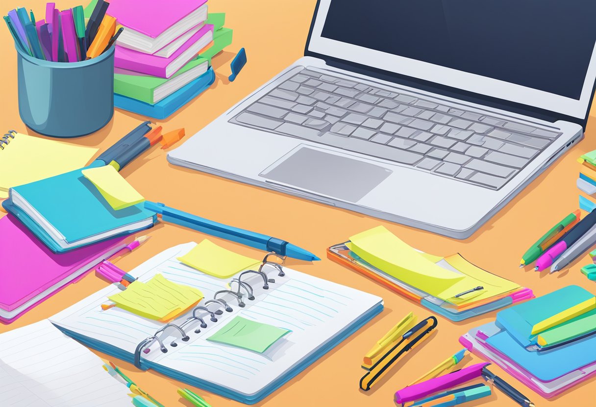 Teaching Note-Taking Skills: A Guide for Enhanced Exam Preparation Note-taking Skills,education,learning style,student LearningMole A variety of note-taking tools surround a desk: highlighters, sticky notes, and colorful pens. A laptop with open tabs on note-taking skills sits nearby