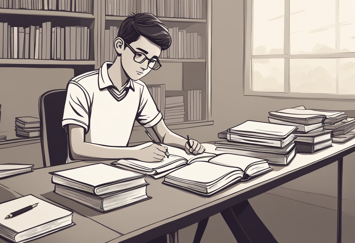 A student sits at a desk, surrounded by books and study materials. They are taking a mock exam, with a determined expression on their face as they work through the questions. The room is quiet and focused, with a sense of determination and confidence in