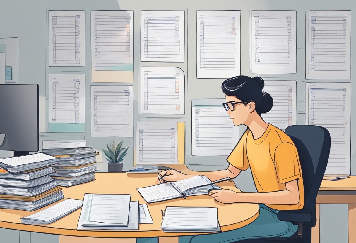 A person sits at a desk with a stack of practice tests. They are marking answers and reviewing explanations, showing signs of concentration and determination