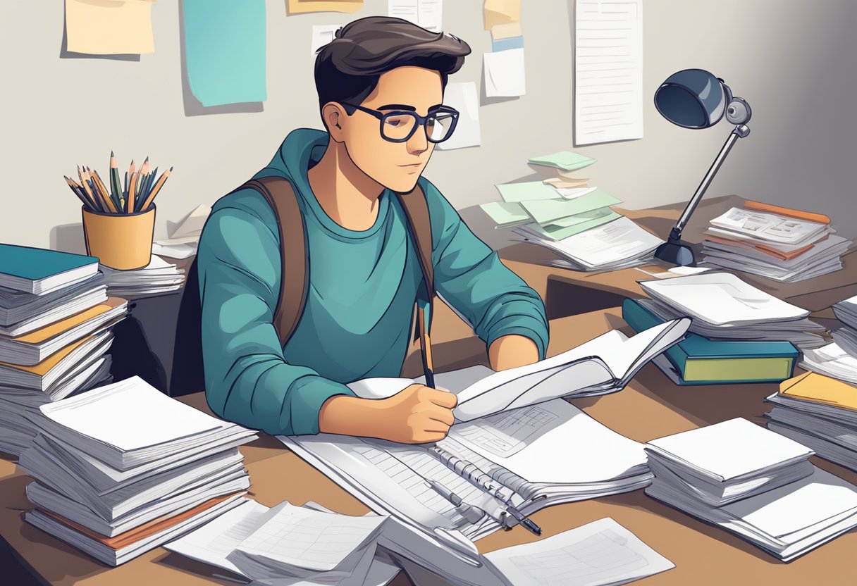A desk cluttered with practice test papers, pencils, and a timer. A determined student sits with a focused expression, surrounded by study materials