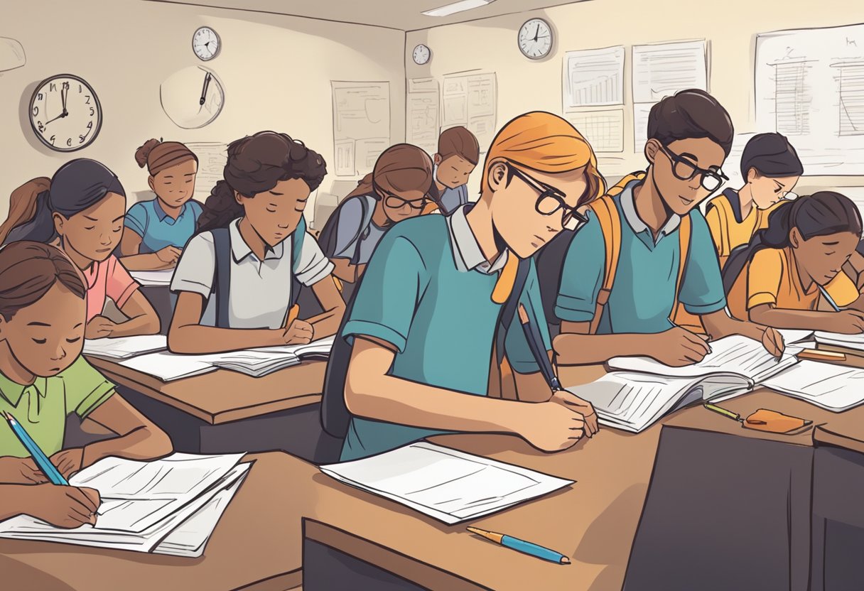 Students surrounded by practice test papers, pencils, and study guides. A clock on the wall shows the time ticking away. A determined expression on their faces as they work through the questions