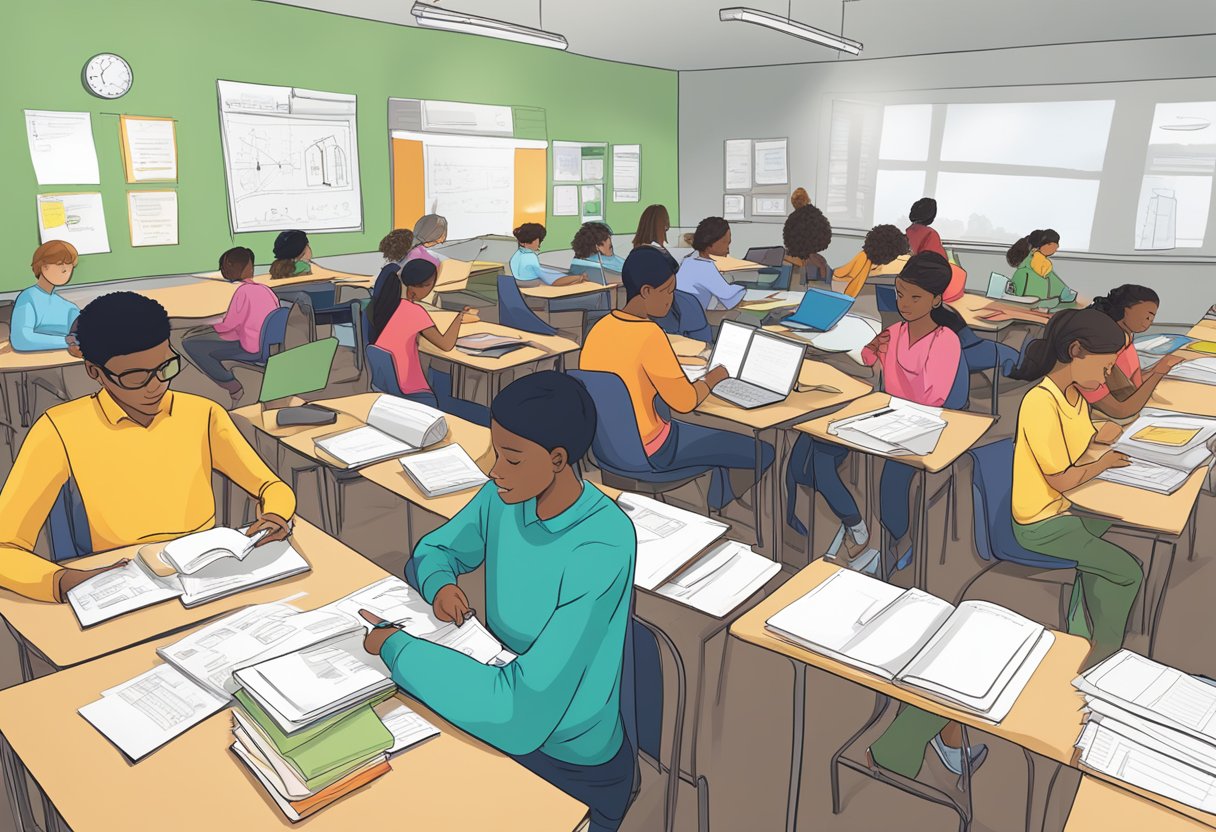 Students using various study methods: flashcards, diagrams, and audio recordings. Each student tailoring their test prep to their unique learning style