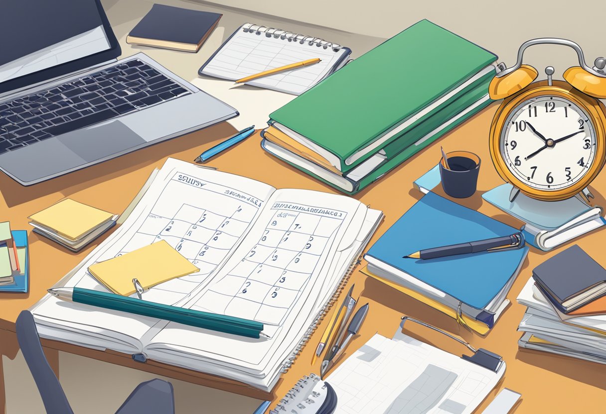 A desk with organized study materials, a calendar with exam dates, and a clock showing scheduled study times