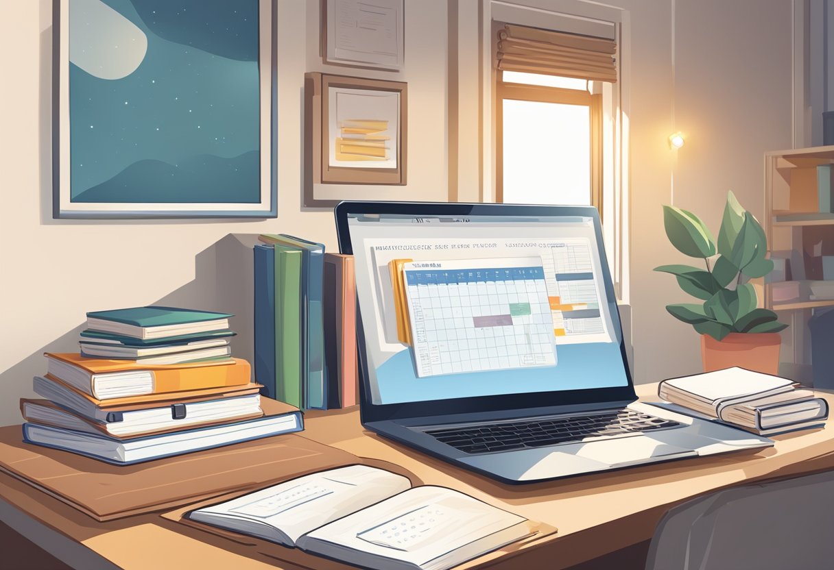 A desk with open textbooks, notebooks, and a calendar. A laptop displaying a study schedule. A quiet, organized study space with good lighting