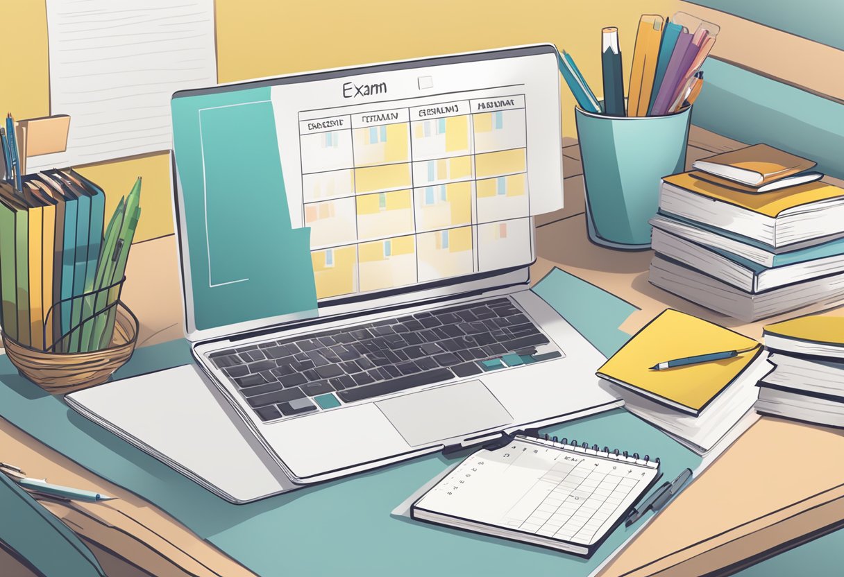 A student's desk with neatly organized study materials, a calendar marked with exam dates, and a laptop open to a study schedule template