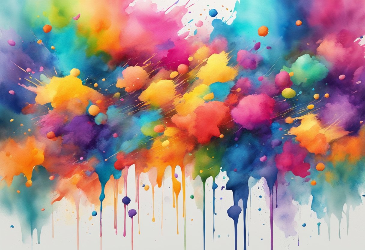 Vibrant watercolor paints splattered across a canvas, blending and bleeding into each other, creating a beautiful and colorful masterpiece