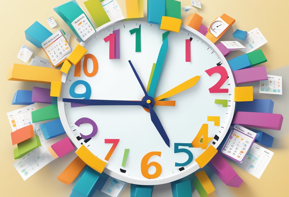A clock with multiple hands, each representing a different school stage, spins rapidly. A calendar with color-coded time blocks floats nearby, symbolizing tailored time management strategies